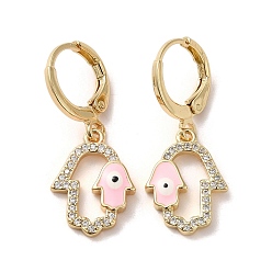 Pink Hamsa Hand with Evil Eye Golden Brass Dangle Leverback Earrings, with Enamel & Cubic Zirconia, Pink, 28.5~29x12mm