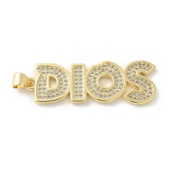 Настоящее золото 18K Латунные микро проложить кубического циркония подвески, слово диос, стойки покрытие, без кадмия и без свинца, долговечный, реальный 18 k позолоченный, 39x13.5x2 мм, отверстие : 4x3 мм