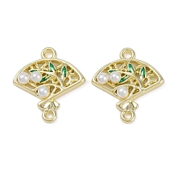 Золотой Подвески для вентилятора из сплава с зеленой эмалью, с ABS имитации жемчуга, без свинца, без кадмии и без никеля, стойки покрытие, золотые, 15.5x15x3.5 мм, отверстие : 1.4 мм