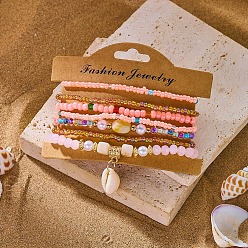 Pink Богемные браслеты из смолы, сплавов, стекла, ракушек и пластиковых жемчужин, выполненные из эластичных материалов., Браслеты с подвесками в форме ракушек для женщин, с бумажной карточкой, розовые, внутренний диаметр: 2.01~2.09 дюйм (5.1~5.3 см), о 7 шт / комплект