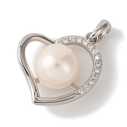 Платинированный Подвески из стерлингового серебра с родиевым покрытием и прозрачными циркониями с микропаве, подвески в форме сердца с круглым натуральным жемчугом, Реальная платина, 925 мм, отверстие : 19.5x16.5x8.5 мм
