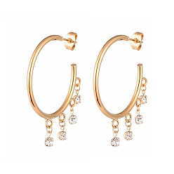 Golden 304 Stainless Steel Dangle Stud Earrings, Half Hoop Earrings, with Brass Rhinestone Charms and Ear Nuts, Golden, 39x33x2mm, Pin: 0.8mm