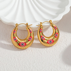 Red 304 Stainless Steel Enamel Hoop Earrings, U Shape with Evil Eye Pattern, Golden, Red, 28x25mm