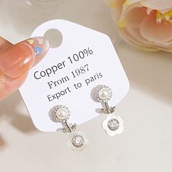 White Brass Micro Pave Cubic Zirconia Stud Earrings, Flower, Imitation Pearl & Acrylic Stud Earrings for Women, White, 25mm