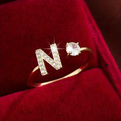 Letter N Латунные микро проложить манжеты кольца кубического циркония, Письмо N, 12x8 мм