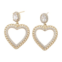 Light Gold Brass with Glass Dangle Stud Earrings, Hollow Heart, Light Gold, 30x20.5mm