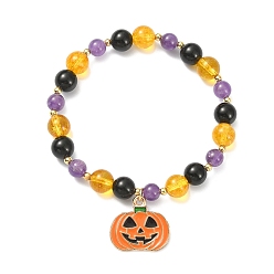 Colorful Natural Mixed Gemstone Round Beaded Stretch Bracelet with Alloy Enamel Pumpkin Charms for Halloween, Colorful, Inner Diameter: 2-1/8 inch(5.5cm)