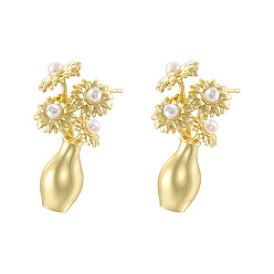 Золотой Серьги-гвоздики из латуни и пластика с имитацией жемчуга, подсолнух с вазой, золотые, 29.5x14.5 мм