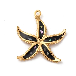 Настоящее золото 18K 304 подвески из натуральной ракушки из нержавеющей стали, подвески в виде морских звезд с черной эмалью, реальный 18 k позолоченный, 27x4.5x2 мм, отверстие : 1.8 мм