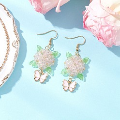Лавандовый румянец 304 серьги-подвески в виде цветка и бабочки из нержавеющей стали, со стеклянными бусинами и эмалированными подвесками из сплава, стеклянными бусинами и акриловыми подвесками, золотые, лавандовый румянец, 53.5x20.5 мм