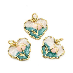 Темный Голубой Латунь эмаль прелести, с прыжковых колец, сердце с цветочными подвесками, реальный 18 k позолоченный, без кадмия, без никеля и без свинца, темные голубые, 14x14.5x3 мм, отверстие : 3.4 мм