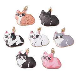 (52) Непрозрачная лаванда Подвески из эмали и сплава, с открытыми пружинными кольцами из нержавеющей стали 304, очарование в форме кошки, золотые, разноцветные, 21.5x23.5x2.5 мм, отверстие : 3.5 мм, 7 шт / комплект