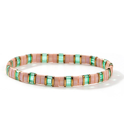 Pink Эластичные браслеты из стеклянного бисера для женщин, прямоугольные, розовые, 6.50 дюйм (16.5 см)