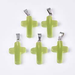 Желто-Зеленый Подвески кошачий глаз, с поручнями из нержавеющей стали, крестик, цвет нержавеющей стали, желто-зеленый, 28~30x18x6 мм, отверстие : 7x3.5 мм