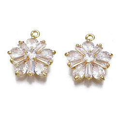 Golden Brass Clear Cubic Zirconia Pendants, Flower, Golden, 18x16x5mm, Hole: 1.4mm