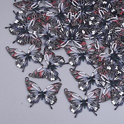 Black Printed Brass Pendants, Etched Metal Embellishments, Butterfly, Black, 16.5x19x0.3mm, Hole: 1.5mm