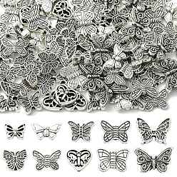 Argent Antique 100 pièces 10 styles perles en alliage sur le thème des papillons, style tibétain, argent antique, 7~13x10~18x2.5~4mm, Trou: 1~1.6mm, 10 pcs / style