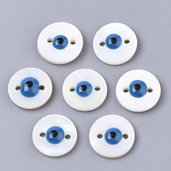 Dodger Blue Freshwater Shell Links Connectors, with Enamel, Flat Round with Evil Eye, Dodger Blue, 10x3mm, Hole: 1mm