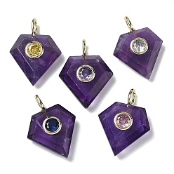 Аметист Граненые подвески из натурального аметиста, Бриллиантовые подвески с латунными микропаве и фианитами кубического циркония случайного цвета, золотые, 25x18x8 мм, отверстие : 4x2 мм