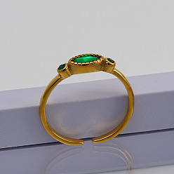 Vert 304 Bagues ouvertes manchettes en acier inoxydable serties de zirconiums cubiques, oeil de cheval, or, verte, diamètre intérieur: 15~20 mm