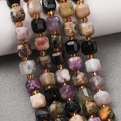 Tourmaline Natural Multicolor Tourmaline Beads Strands, Faceted Table Cut Cube Beads, with Seed Beads, 6~7.5x6~7.5x6~7.5mm, Hole: 0.8~1mm, about 44~46pcs/strand, 14.37~15.35''(36.5~39cm)