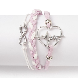 Thistle Alloy Heart Beat & 304 Stainless Steel Infinity Links Multi-strand Bracelet, Faux Suede Braided Tripel Layer Bracelet for Women, Thistle, 7-1/4 inch(18.3cm)