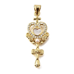 Сердце Латунные микропаве кубические цирконии АБС имитация жемчуга подвески, без кадмия и без свинца, с оболочкой, реальный 18 k позолоченный, сердце, 33x13.5x3 мм, отверстие : 4x5.5 мм