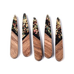 Черный Подвески из непрозрачной смолы и орехового дерева, слезинки, с блестящей пудрой и золотой фольгой, чёрные, 44x7.5x3~3.5 мм, отверстие : 1.6 мм