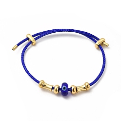 Blue Lampwork Evil Eye & Brass Beaded Bangle, 304 Stainless Steel Twist Rope Adjustable Bangle for Women, Blue, Inner Diameter: 2~3-1/2 inch(5~9cm)