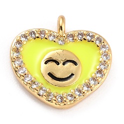 Yellow Golden Plated Brass Micro Pave Clear Cubic Zirconia Charms, with Enamel, Long-Lasting Plated, Heart with Smile Face, Yellow, 11x11.5x2.5mm, Hole: 1.2mm