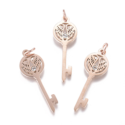 Розовый Позолоченный 316 хирургические подвески из нержавеющей стали, с микропаве и фианитом, долговечный, отмычка с крылом, прозрачные, Настоящее розовое золото покрыто, 29x10x1.5 мм, отверстие: 3 мм