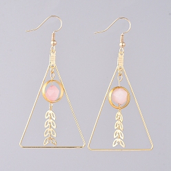 Rose Quartz Natural Rose Quartz Dangle Earrings, with Brass Real 18K Gold Plated Earring Hooks and Brass Findings, Triangle, 68mm, Pin: 0.7mm