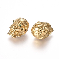 Real 18K Gold Plated Feng Shui Brass Micro Pave Cubic Zirconia Beads, Pixiu, Green, Real 18K Gold Plated, 13x13.5x19mm, Hole: 1.2mm