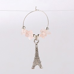 Розовый Кварц Природных драгоценных камней бокал прелести, с тибетским стилем подвеска Эйфелева башня сплава, железа бусы и латунные серьги обруча, платина, розовый кварц, 58 мм , штифт: 0.7 мм
