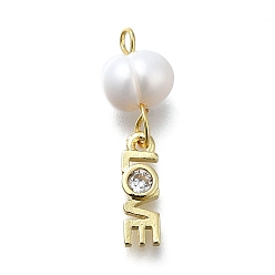 Настоящее золото 18K Латунные микро проложить кубического циркония подвески, Слово любовь, стойки покрытие, долговечный, с натуральной жемчужиной, без кадмия и без свинца, реальный 18 k позолоченный, 23 мм, отверстие : 1.8 мм