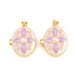 White Brass Locket Pendants, with Enamel and ABS Plastic Imitation Pearl, Cadmium Free & Lead Free, Real 18K Gold Plated, Rack Plating, Long-Lasting Plated, Oval with Flower Charms, White, 26.5x21x12mm, Hole: 3x5mm