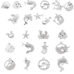 Platinum 12Pcs 12 Styles Alloy Rhinestone Pendants, Lead Free & Cadmium Free, Mixed Shape, Platinum, 14~25x13~23x2~3.5mm, Hole: 1.6~1.8mm, 1pc/style