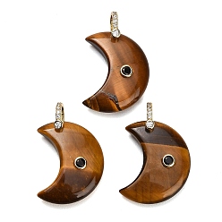 Œil De Tigre Pendentifs en oeil de tigre naturelles, charmes lune, avec des pierres précieuses en laiton pavées de zircone cubique, or, 28~30x24.5~25.5x8~9mm, Trou: 5.5x6mm