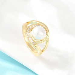 Настоящее золото 18K Кольца для женщин с микропаве из латуни и кубическими цирконами, круглые, с абс пластмассовой имитационной жемчужиной, реальный 18 k позолоченный, 14.5 мм, внутренний диаметр: 17.2 мм