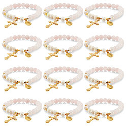 Розовый Кварц Эластичный круглый браслет из натурального розового кварца и синтетической бирюзы с бусинами, Браслет для йоги с подвесками в виде креста и Девы Марии для женщин, внутренний диаметр: 2-1/8 дюйм (5.5 см)