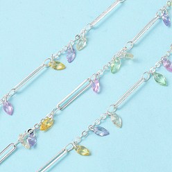 Серебро Латунные овальные звенья цепи, со стеклянными цепочками из конских глаз, несварные, с катушкой, серебряные, 2x1.5x0.5 мм, 15x2.5x0.5 мм, около 16.40 футов (5 м) / рулон