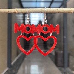 Красный Акриловые серьги-подвески ко Дню матери, сердце со словом мама, платина, красные, 69x41 мм