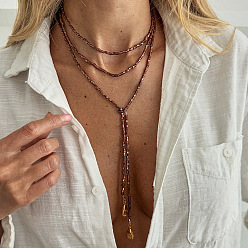 Золотой Ожерелье-лариата из многослойного бисера с кисточкой в форме капли из сплава, пластика, бисера CCB для женщин., золотые, 61.02 дюйм (155 см)