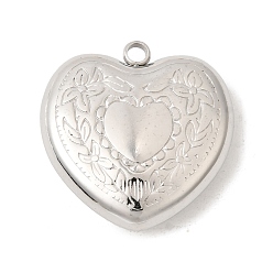 Нержавеющая Сталь Цвет 304 подвески из нержавеющей стали, сердце с цветочными подвесками, цвет нержавеющей стали, 20.5x20x6 мм, отверстие : 2 мм