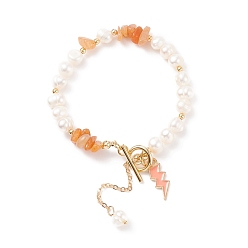 Красный Авантюрин Браслет из бусин из натурального красного авантюрина и жемчуга с подвесками-молниями из эмали, украшения из драгоценных камней для женщин, золотые, 7-5/8 дюйм (19.5 см)