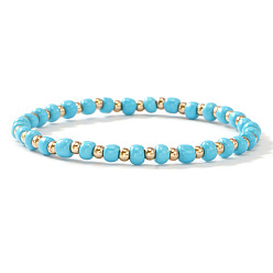 Темно-Голубой Эластичный браслет из пластика и латуни с бусинами для женщин, рондель, золотые, глубокое синее небо, 6.89 дюйм (17.5 см)