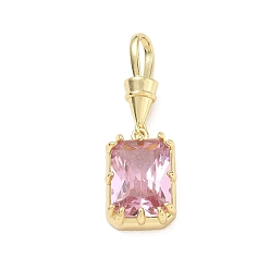 Pink Латунь стекло горный хрусталь подвески, прямоугольник амулеты, одиночные каменные прелести, долговечный, стойки покрытие, реальный 18 k позолоченный, розовые, 35 мм, отверстие : 8x5 мм