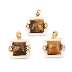 Настоящее золото 18K Подвески из натурального тигрового глаза и пресноводных ракушек, квадратные подвески с латунными подвесками и прозрачными кубическими цирконами, реальный 18 k позолоченный, 17x17x6.5 мм, отверстие : 4.5x2.5 мм