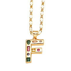 Letter F Подвеска-колье с инициалом из латуни, украшенная разноцветными кубическими циркониями., золотые, Буква F, 17.32 дюйм (44 см), Кулон : 20x13 мм