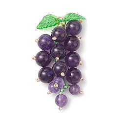 Аметист Подвески из натурального аметиста и стеклянных бусин в виде винограда, с акриловым листом и 304 кольцами из нержавеющей стали, золотой свет, 46x20x20 мм, отверстие : 4.5 мм